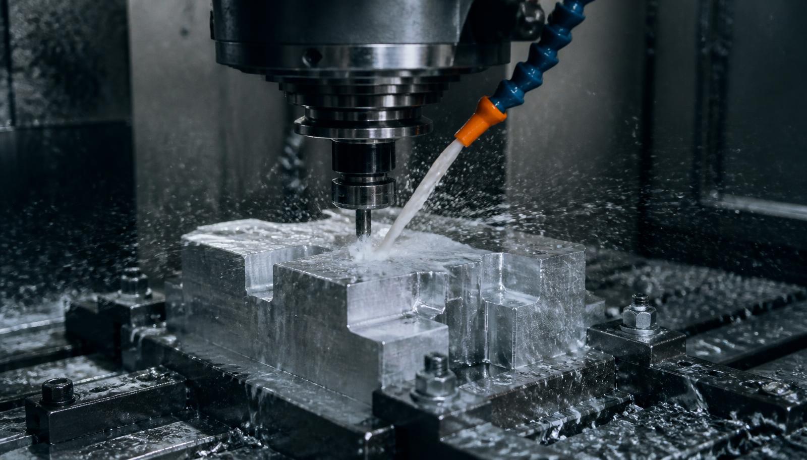 CNC milling machine cutting an aluminium billet