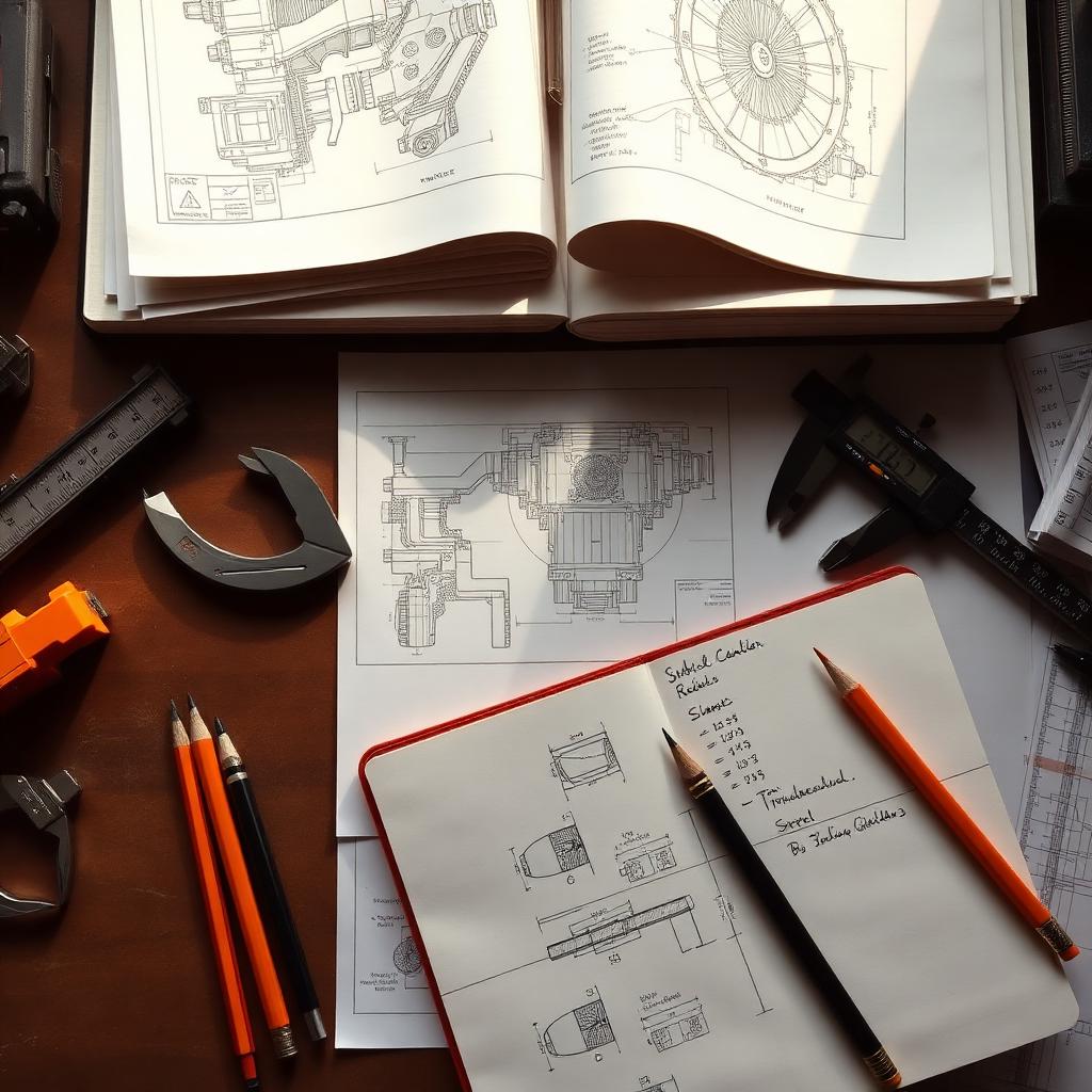 Engineering desk with drawings, calipers and a notebook