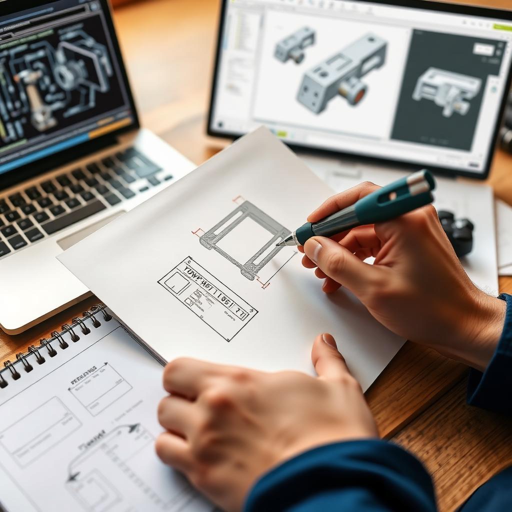 Hands sketching a bracket concept next to a laptop showing CAD