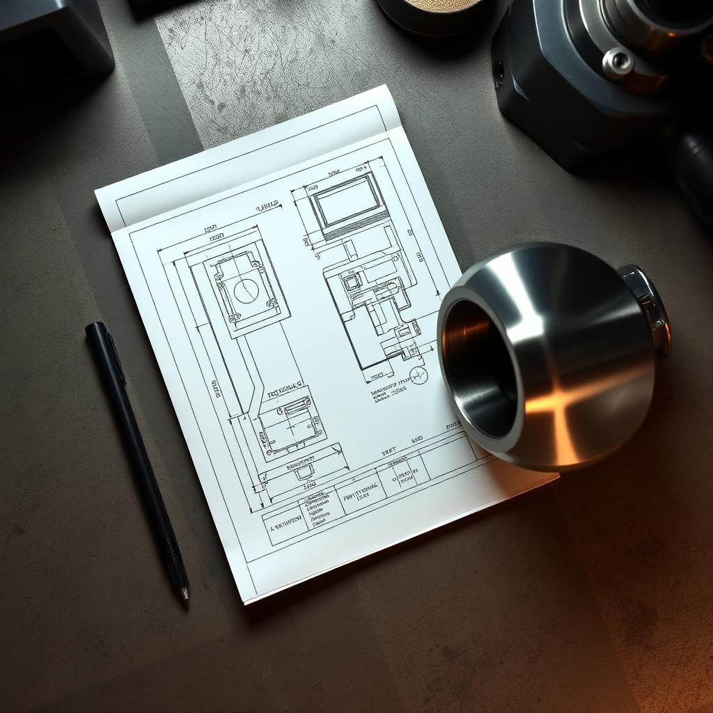 Technical engineering drawing next to a machined stainless steel component
