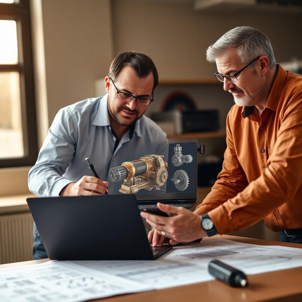 Engineer and client reviewing a CAD model on a laptop with drawings on the table