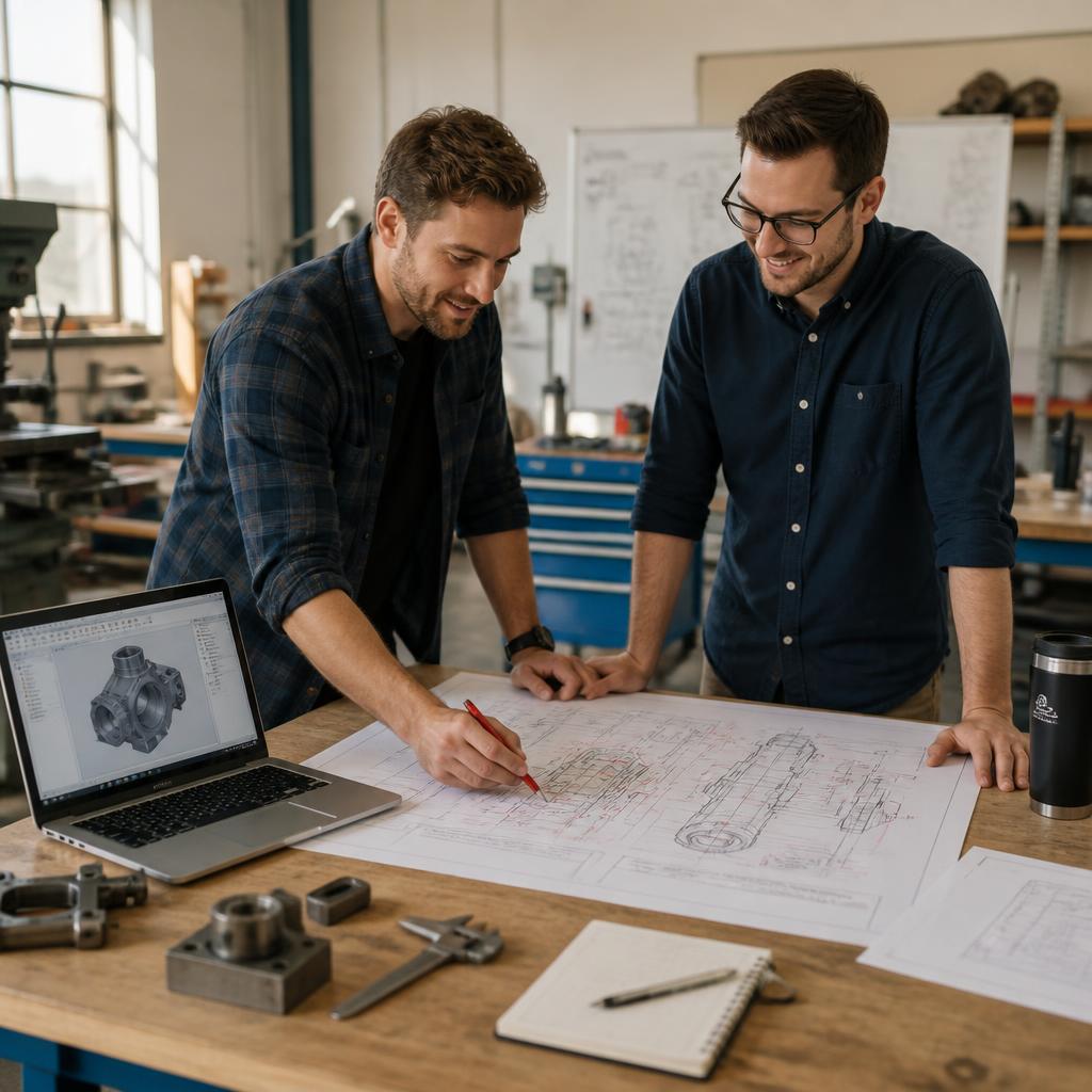 Two engineers reviewing an engineering drawing