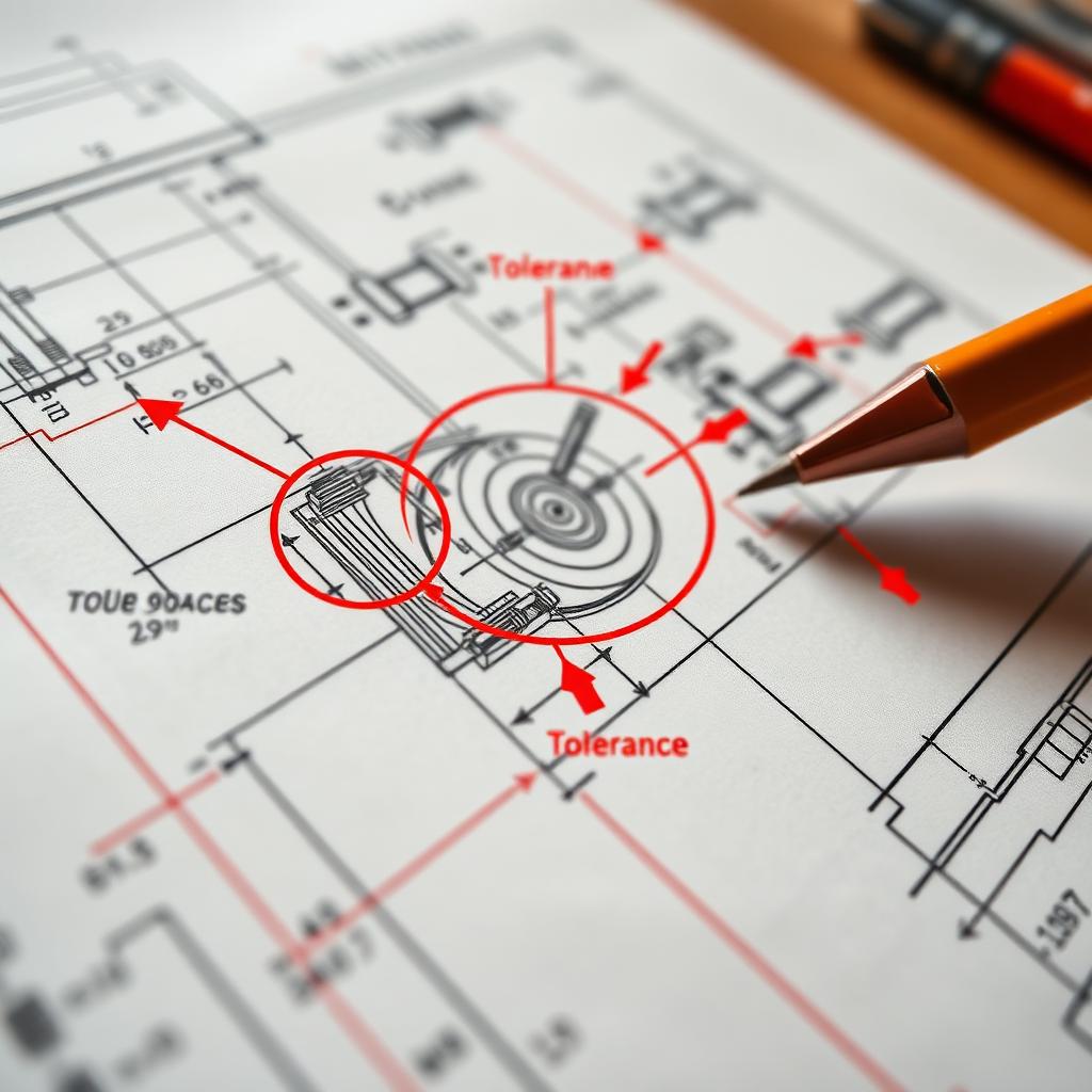 Close-up of an engineering drawing with red pen annotations circling tolerance callouts